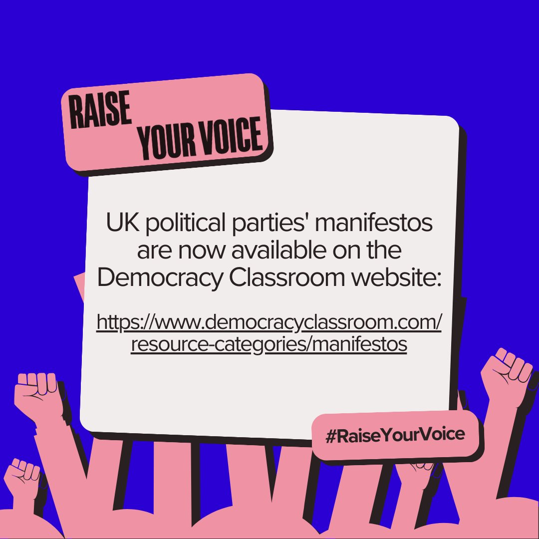 🗳️ UK political parties' manifestos are now available on the Democracy Classroom website:

democracyclassroom.com/resource-categ… 

<a href="/Democracyroom/">Democracy Classroom</a>
<a href="/BGCWales/">BGC Wales</a>
<a href="/SwanseaMAD/">Swansea MAD</a>
<a href="/WelshGovernment/">Welsh Government</a>

#RaiseYourVoice