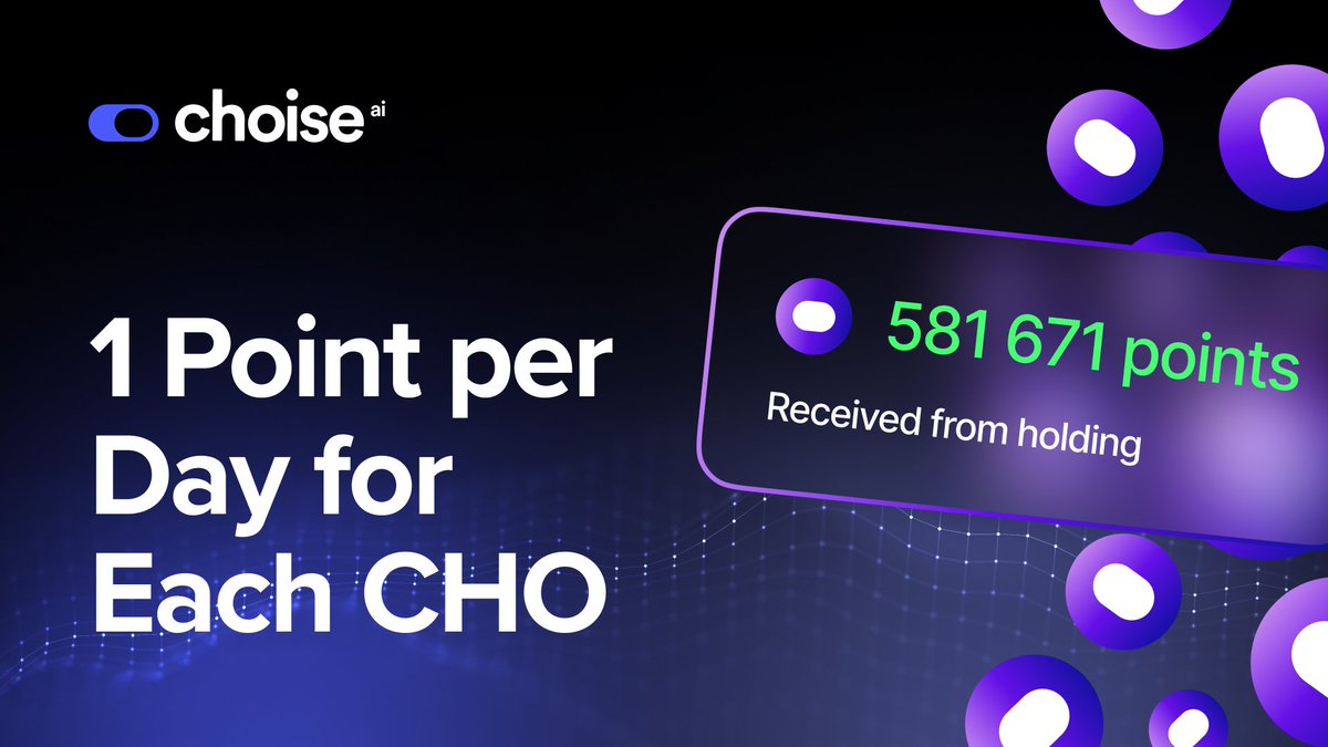 ChoiseAi's tweet photo. 1 point per day for each CHO

The 'Ready, Set, Go' https://t.co/1zKf8NBW98 Points Program is set to launch soon, offering the community the opportunity to earn points and rewards. 

With a total of $21 million in rewards up for grabs, participants can engage in various tasks and actions to accumulate points.

👉 One simple task that can earn you points is holding the CHO token in your wallet. By purchasing and holding CHO, you can earn 1 point per day for each CHO in your possession.

There are numerous other ways to earn points through the program, so be sure to stay tuned for more announcements and details on how to participate. 

https://t.co/Tmuad7PBog

Get ready to join the https://t.co/1zKf8NBW98 Points Program and start earning rewards 🎉