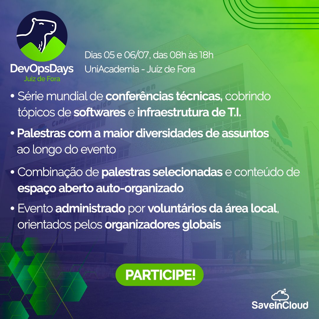 SaveinCloudOn's tweet image. A SaveinCloud fará sua estreia como apoiadora da DevOpsDays Juíz de Fora 2024! 🎉 

Garanta já seu ingresso no link a seguir e venha nos prestigiar!
lnkd.in/d6ddxhrY

#Saveincloud #DevOpsDays #DevOpsDays2024 #DevOpsDaysJF #DevOpsDaysJuizdeFora #DoDGyn2024 #DevOpsDaysGYN