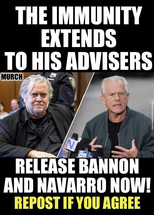 TheEXECUTlONER_'s tweet image. The Supreme Court Immunity ruling also extends to his cabinet and his advisers. 

Release Peter Navarro and Steve Bannon immediately based on the SCOTUS ruling. 

Who wants to see the two of them free and at home in time for our 4th of July Independence Day! 🙋‍♂️