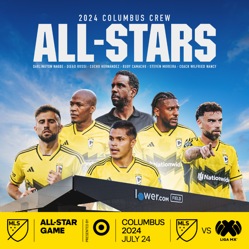 ColumbusCrew's tweet photo. Our City. Our Stars ✨

Darlington Nagbe, Steven Moreira, Diego Rossi, Cucho and Rudy Camacho have been named to the 2024 MLS All-Star team led by Coach Wilfried Nancy.