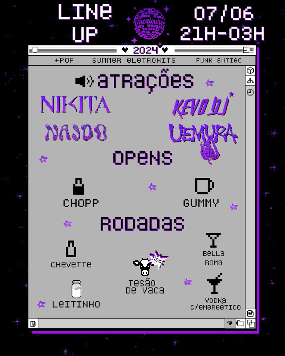 mumuuleite's tweet photo. E essa é a LINE UP da VACALOURES 2024 🪩

Pra vocês terem um gostinho do que vai ser SÁBADO! 🎆

Mas pra saber de verdade como vai ser, só estando lá! 😜 Vai ter muito pop, summer eletrohits, electronic dance e funk antigo! https://t.co/LakF7dWP6A