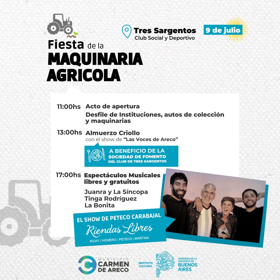 — Llega la Fiesta de la Maquinaria Agrícola🚜 🌾

🇦🇷 El 9 de julio te esperamos con una gran agenda para vivir la fiesta que representa al pueblo de #TresSargentos y el gran show de <a href="/RiendasLibres/">Riendas Libres</a> 

🚗 A sólo 161 km de la #CapitalFederal.