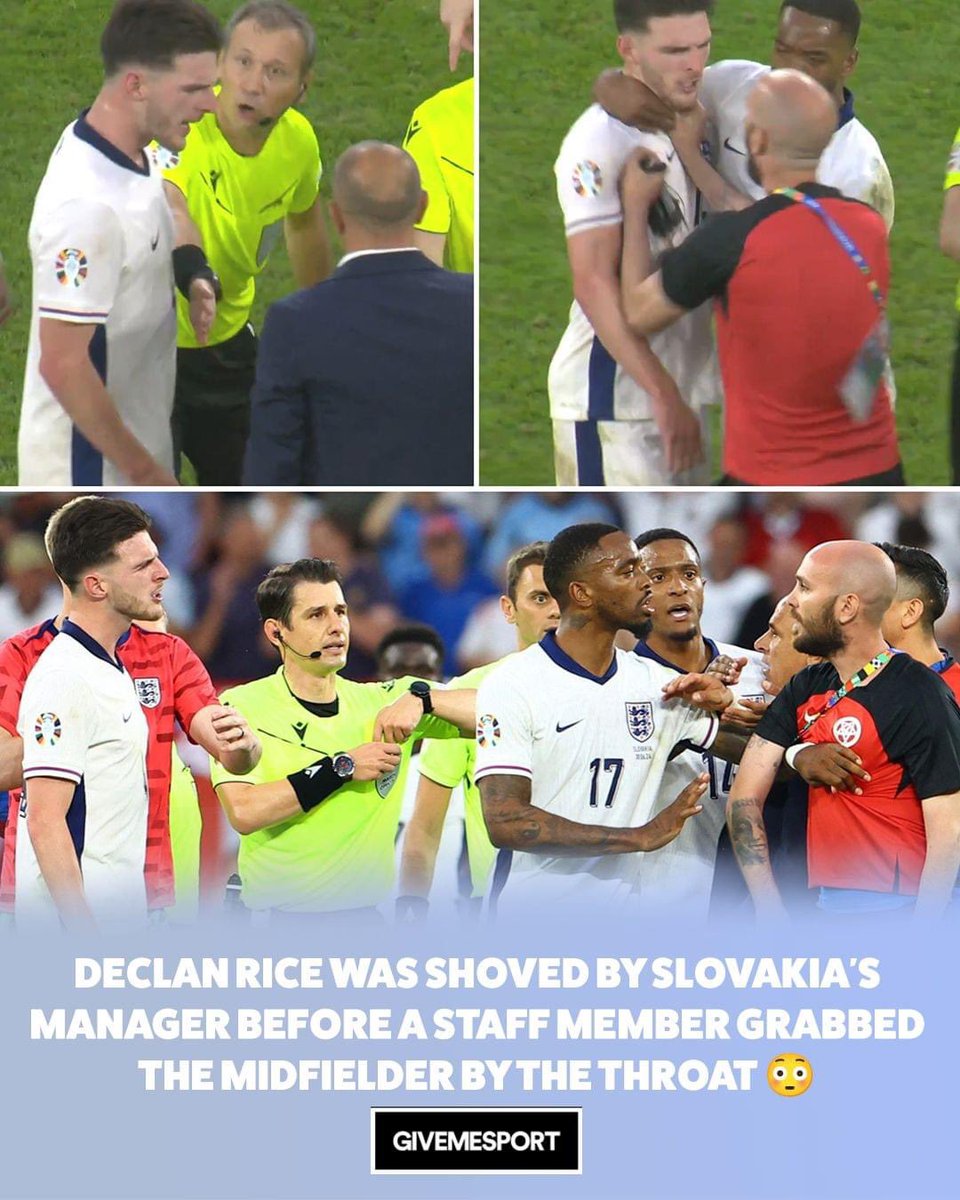 Matt_Pinner's tweet photo. @GaryLineker @EURO2024 @BellinghamJude Are they investigating this ? 

Declan rice was grabbed by the throat by staff member &amp; shoved by the manager! https://t.co/PJhFtG9F4i