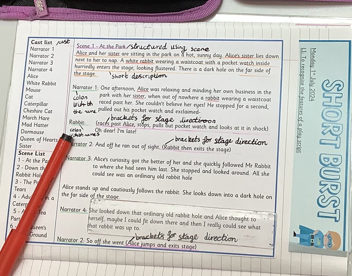 GRPACedar's tweet photo. Exploring the structure of Play scripts in English today. Focusing on the features and how the layout is so different to all our other writing types! Well done Cedar! #limitlesslearninginfinitepossibilities https://t.co/x5f2CSBFVY