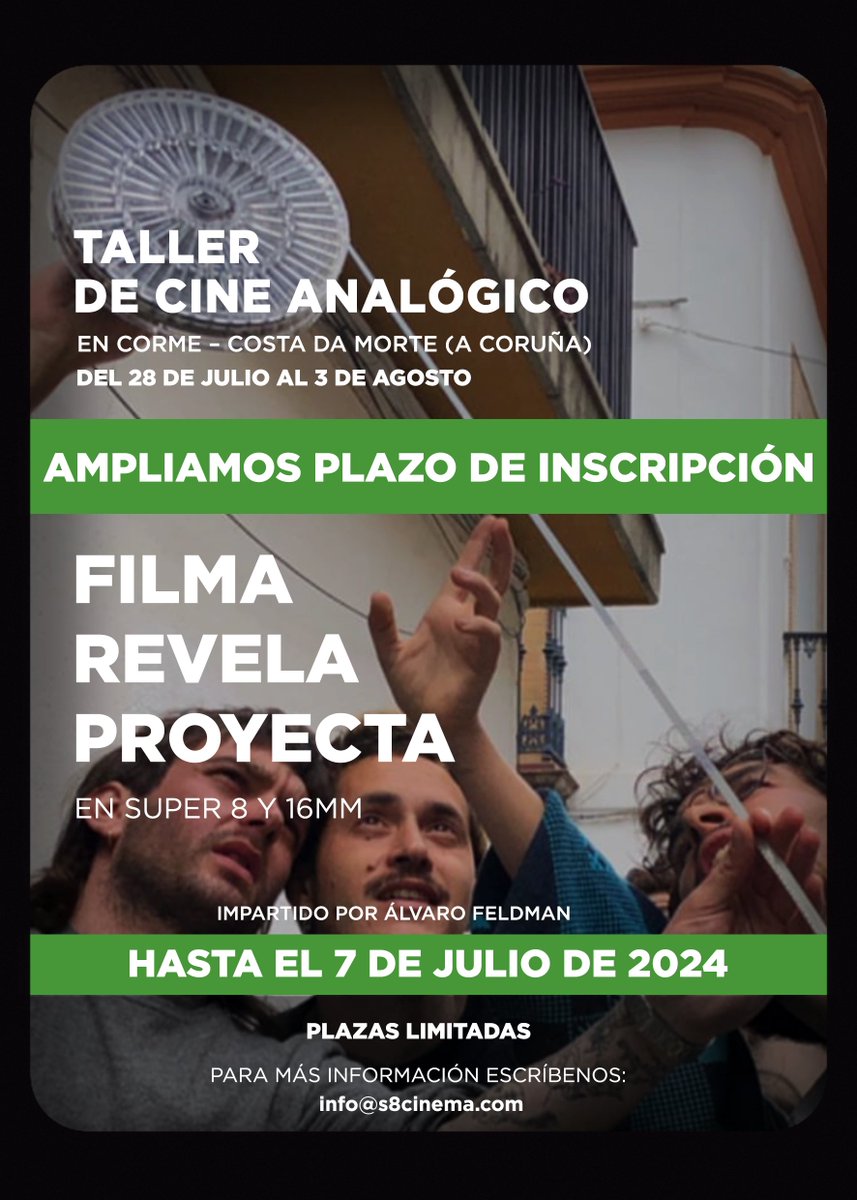 s8cinema's tweet photo. 🚨 ** ÚLTIMAS PLAZAS ** 🚨

📝 Inscripciones abiertas hasta el 7 de julio.

📌 Del 28 de Julio al 3 de agosto en Corme, Costa da Morte (Galicia).

✅ Todo incluido: alojamiento, manutención, y todos los materiales necesarios (película, equipos, químicos)
https://t.co/LZXxsvLCkD https://t.co/IM0tJP2pf7