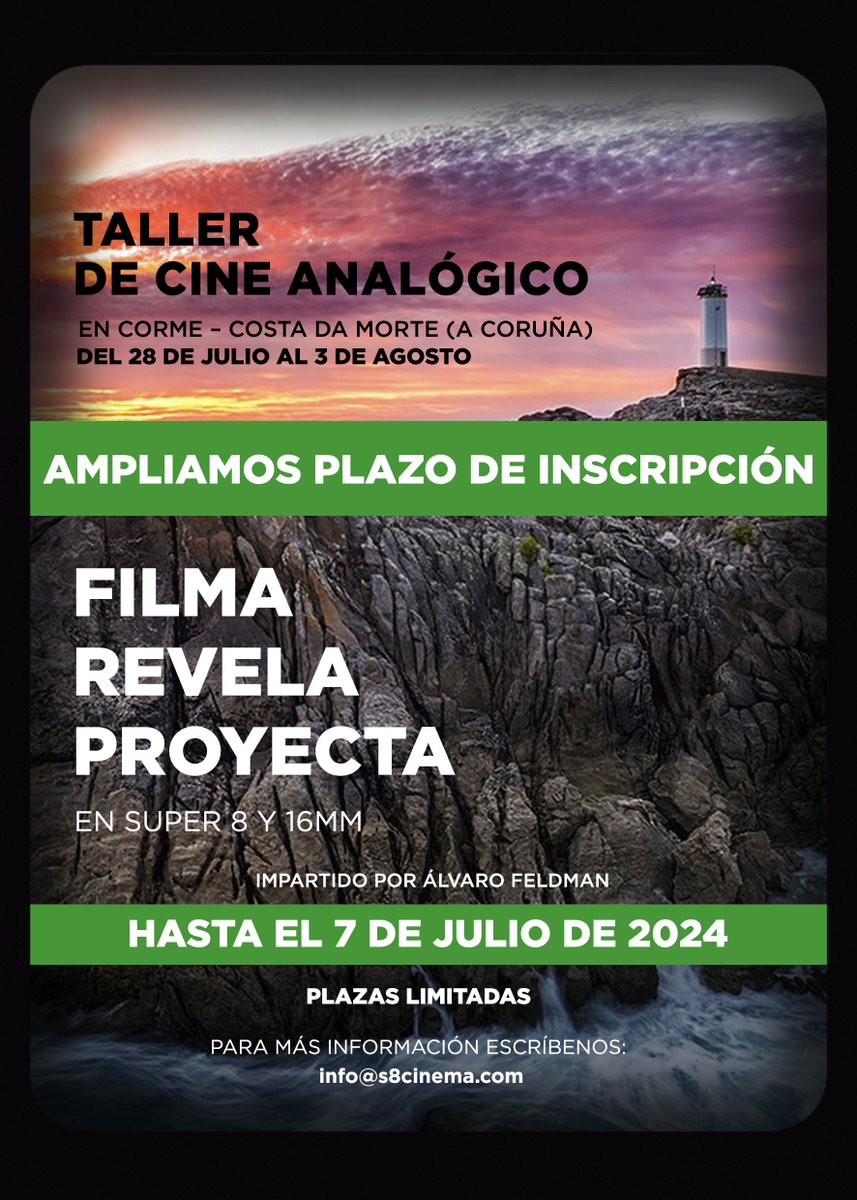 s8cinema's tweet photo. 🚨 ** ÚLTIMAS PLAZAS ** 🚨

📝 Inscripciones abiertas hasta el 7 de julio.

📌 Del 28 de Julio al 3 de agosto en Corme, Costa da Morte (Galicia).

✅ Todo incluido: alojamiento, manutención, y todos los materiales necesarios (película, equipos, químicos)
https://t.co/LZXxsvLCkD https://t.co/IM0tJP2pf7