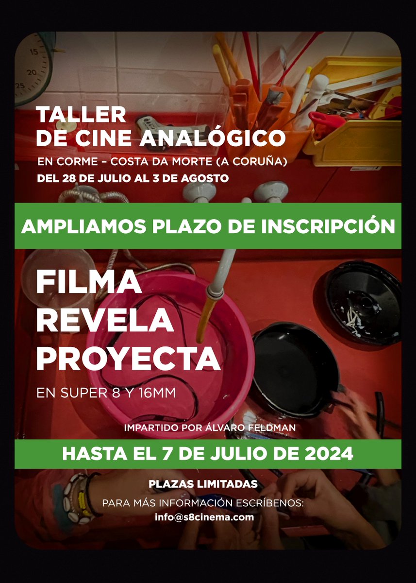s8cinema's tweet photo. 🚨 ** ÚLTIMAS PLAZAS ** 🚨

📝 Inscripciones abiertas hasta el 7 de julio.

📌 Del 28 de Julio al 3 de agosto en Corme, Costa da Morte (Galicia).

✅ Todo incluido: alojamiento, manutención, y todos los materiales necesarios (película, equipos, químicos)
https://t.co/LZXxsvLCkD https://t.co/IM0tJP2pf7