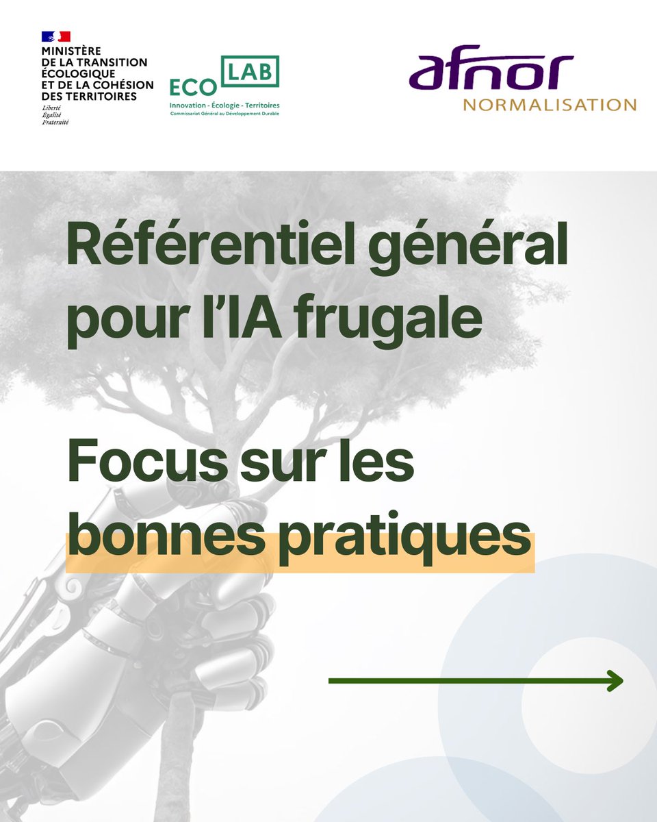 🌱 Guide des Bonnes Pratiques] 
𝐈𝐀 𝐅𝐫𝐮𝐠𝐚𝐥𝐞 !

📗 Porté par l’Ecolab  <a href="/GreentechInno/">Ecolab - Greentech Innovation</a> #CGDD - <a href="/Ecologie_Gouv/">Min. Ecologie Territoire Transports Ville Logement</a> et @AFNO, il vise à outiller les acteurs du numérique pour évaluer l’impact environnemental de leurs projets IA, et communiquer sur leur caractère frugal.

1/🧵