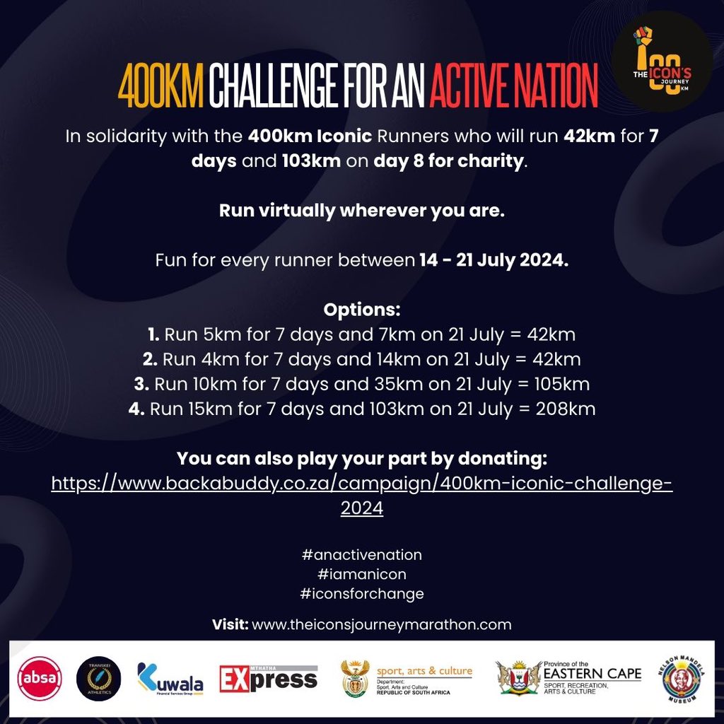 theiconsjourney's tweet photo. A challenge for an active Nation 🇿🇦

Join in the fun wherever you are whilst supporting those doing a run for charity 🥳🥳🥳

visit: https://t.co/VEvuYrfY1A

#anactivenation 
#iamanicon
#iconsjourney2024 https://t.co/EMk81tDpGU
