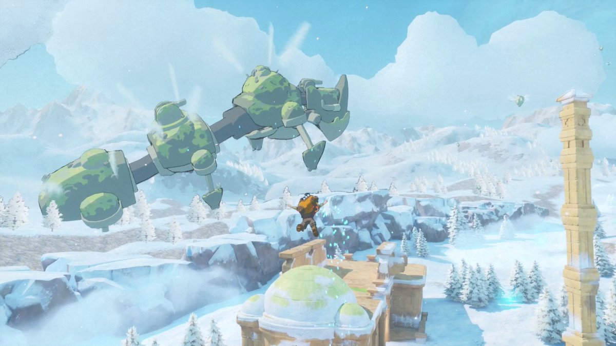 Zee flying in a snowy field, a massive creature flying in the distance. Many blues, silvers, whites, and greys.