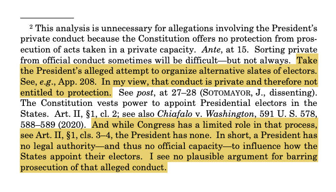This is the money quote for the whole Trump v. United States case. Justice Barrett has it exactly right — and shows why the Court (and maybe the Special Counsel) is making this way too hard. The sole question should be whether acts relating to running for president are core