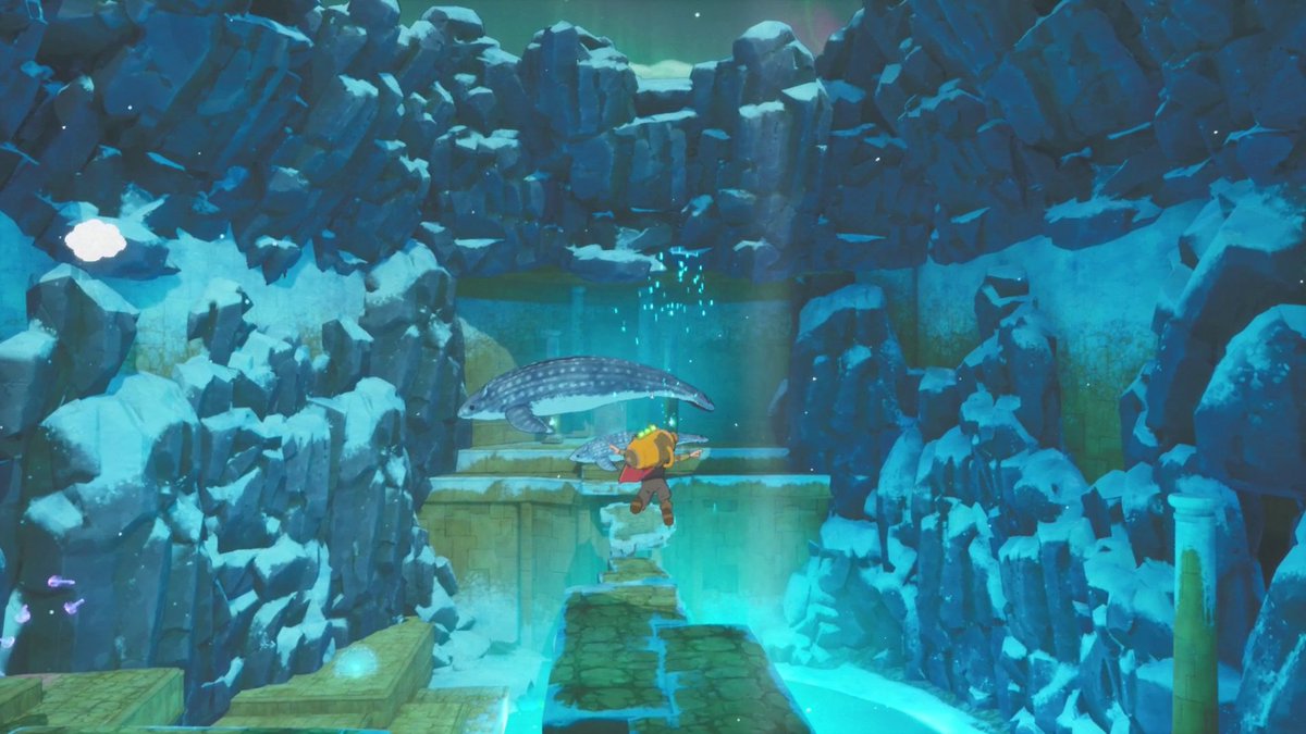 Zee flying in a cavern filled with blues, teals, greys, and greens. A space whale is flying in the near distance.