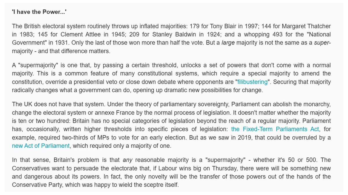 "Like a desperate screenwriter, rummaging in the dustbins of the Marvel Comic Universe, the Conservatives have stumbled upon a new villain: The Supermajority".

My blog, on why this is nonsense - but why Britain *does* have a problem with executive power.
gladstonediaries.blogspot.com/2024/07/in-bri…