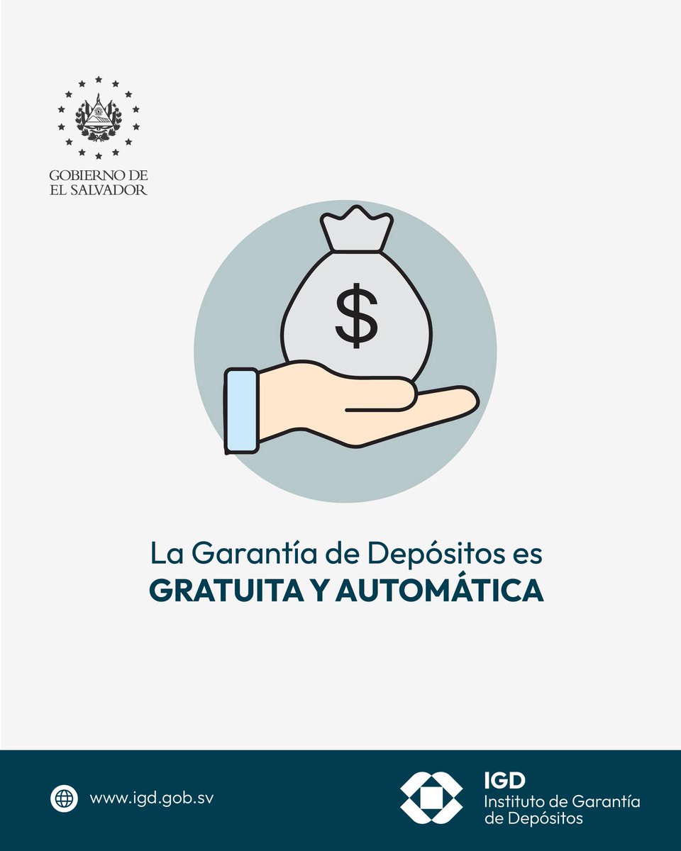 IGD_SV's tweet photo. La Garantía de Depósitos es un servicio para los ahorrantes en El Salvador que se adquiere de manera gratuita y automática.  🙌

El monto vigente es de US$11,951.00, por persona y por Institución Miembro #IGDSV. 🏦 

➡️Si quieres conocer más información sobre la #GarantíaDeDepósitosSV ingresa a: https://t.co/uv3YQDpsRR