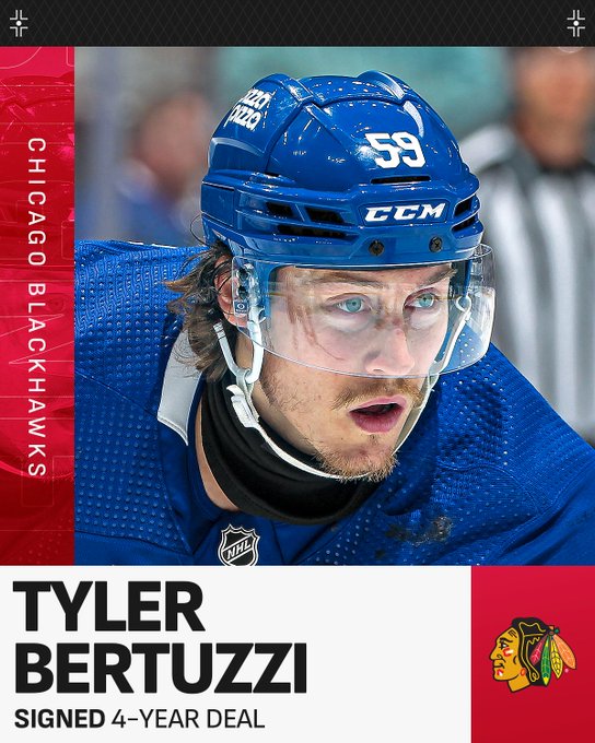 Top: Tyler Bertuzzi on ice.

Bottom: Black text on a white background next to the Chicago Blackhawks logo reading, "Tyler Bertuzzi, Signed 4-year deal".