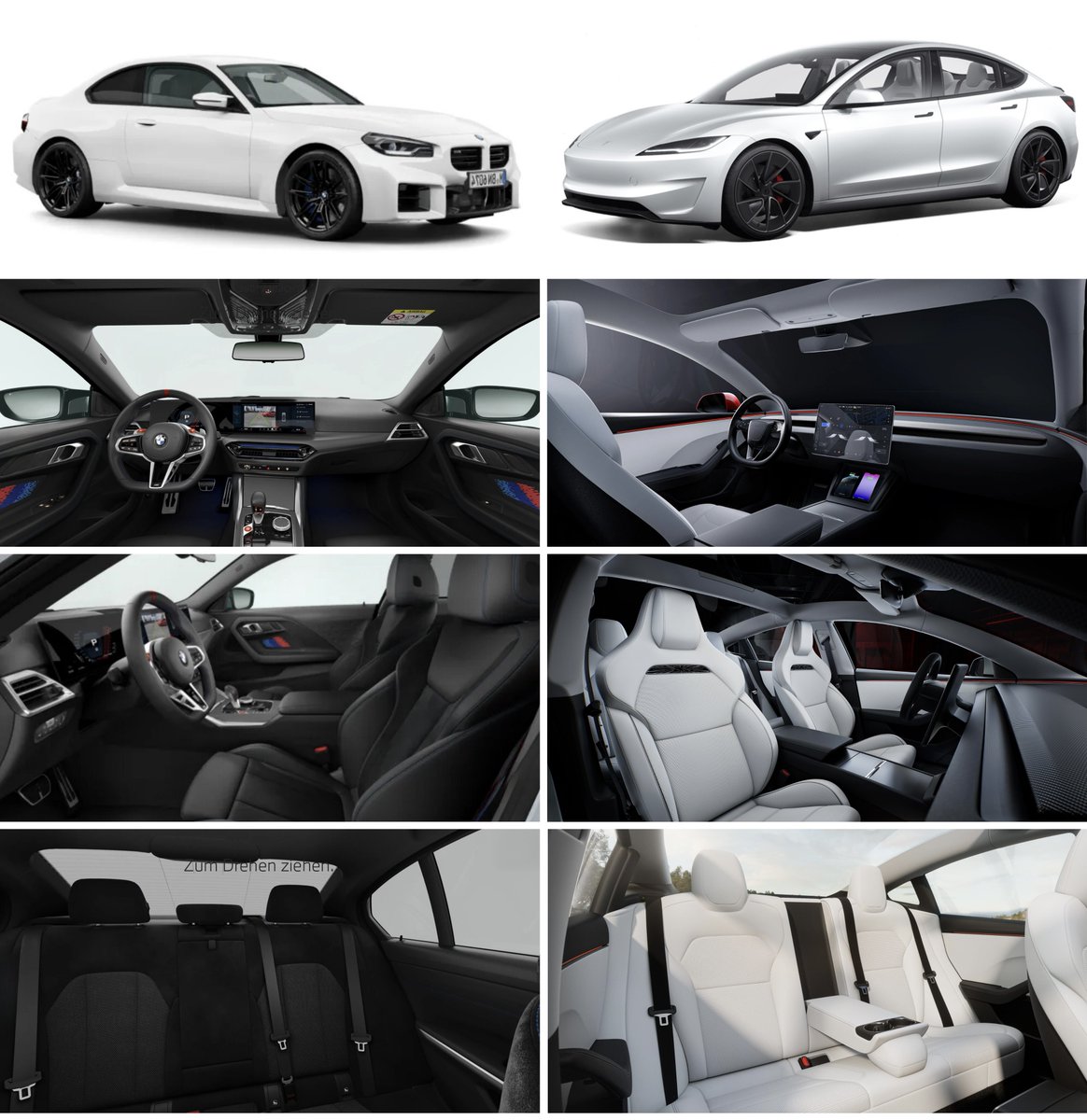 BMW M2 Coupé ⛽️

0 - 100 km/h:  4 s 
Top Speed:  250 km/h 
Efficiency:  9.7/100km (17.40€)
Cargo Space: 390l
Crash Test:  ★ ★ ★ ★
Price:  76.600 €

Tesla Model 3 Performance 🔋

0 - 100 km/h:  3.1 s
Top Speed:  262 km/h 
Efficiency:  16.7 kWh/100km (6,50€)
Cargo: 682 l