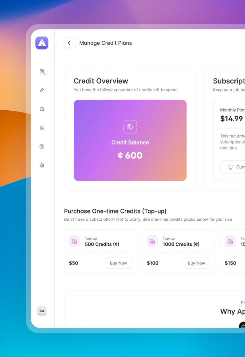GeekyAdams's tweet image. Finally decided on a strictly credit-based subscription/pricing plan for @useApplikit 
And I love how the in-app “Credit Management” design turned out 😍
📸 w/ PrettyShot app
#buildinpublic #jobsearch