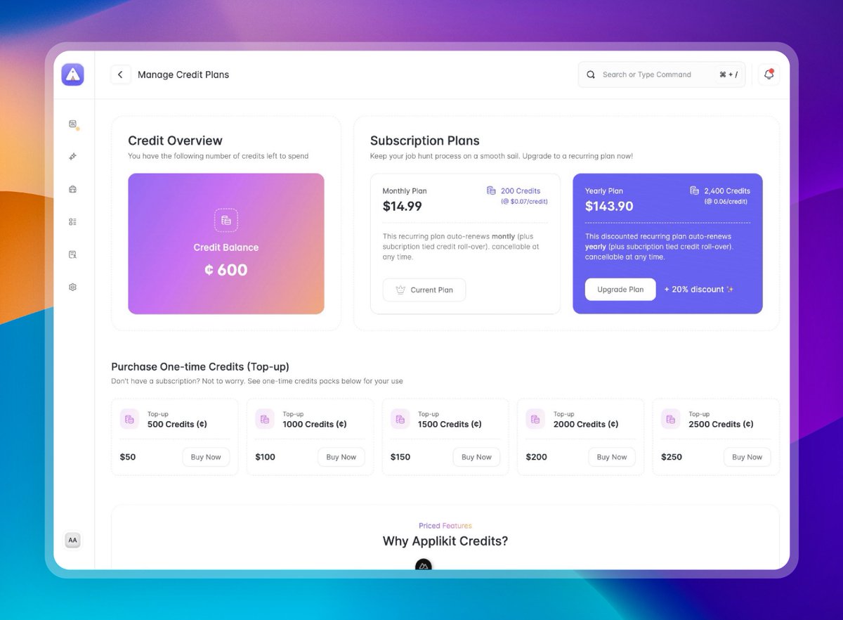 GeekyAdams's tweet image. Finally decided on a strictly credit-based subscription/pricing plan for @useApplikit 
And I love how the in-app “Credit Management” design turned out 😍
📸 w/ PrettyShot app
#buildinpublic #jobsearch