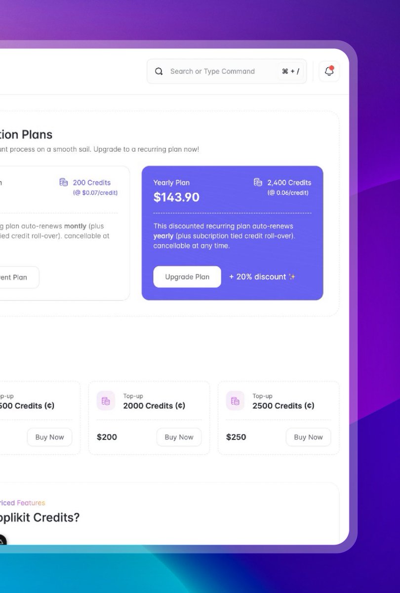 GeekyAdams's tweet image. Finally decided on a strictly credit-based subscription/pricing plan for @useApplikit 
And I love how the in-app “Credit Management” design turned out 😍
📸 w/ PrettyShot app
#buildinpublic #jobsearch