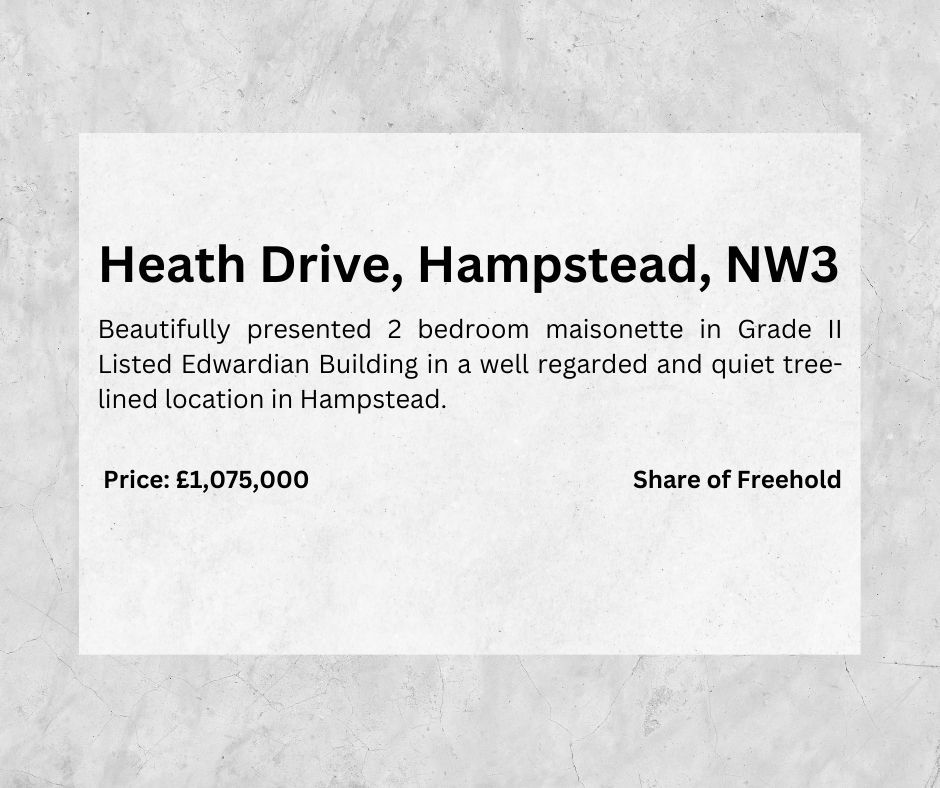 For Sale - Heath Drive, Hampstead, NW3
£1,075,000 Share of Freehold
2 Bedrooms, 2 Bathrooms, Reception, Eat-in Kitchen, 2 balconies, Excellent Storage

buff.ly/4cAg059 

#Hampstead #ForSale #HomesForSale #RealEstate #LondonProperty #LondonRealEstate #StellaLange #NW3