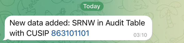 $SRNW added in audit table with CSUIP number. 

Could be for a change of control to a new merger?