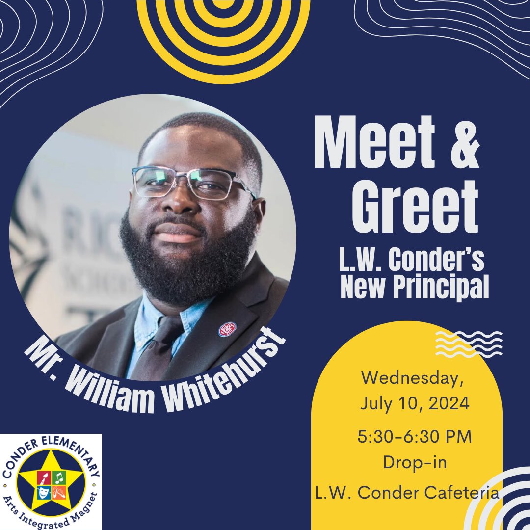 ConderStars's tweet photo. We are excited to welcome our new principal, Mr. William Whitehurst! Stop by on July 10th to meet him. https://t.co/gt03cdk8pw