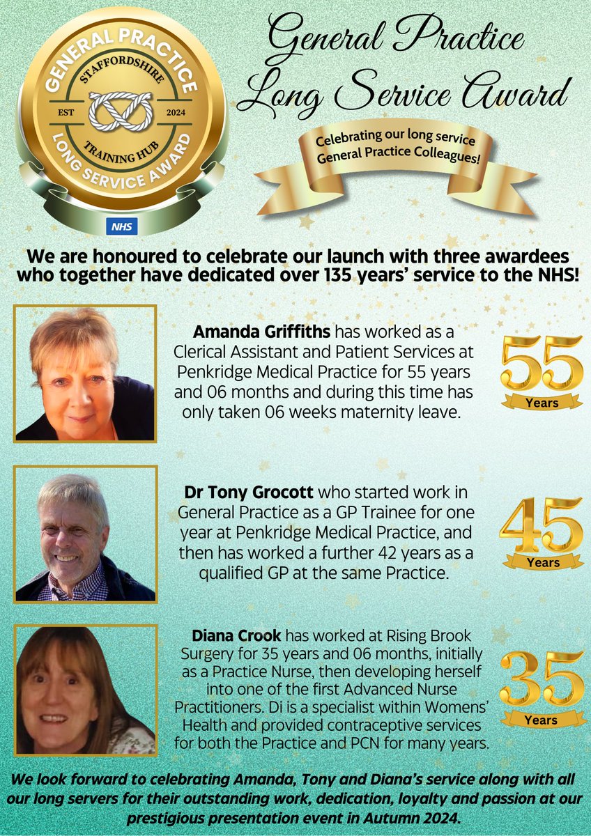 StaffsTH's tweet photo. The @StaffsTH is very proud to launch the Staffordshire General Practice Long Service Awards!
Look out for our daily posts of all our long servers who have dedicated a minimum of 25 years long service!
Read all about our first three General Practice Long Servers!
#GPLongService https://t.co/Jcnv4lPUz6