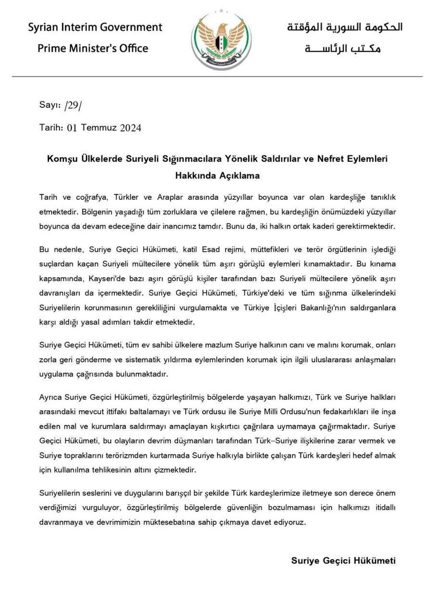 pusholder's tweet photo. Suriye Geçici Hükümeti, itidal çağrısında bulundu. https://t.co/Vc20apyC6E