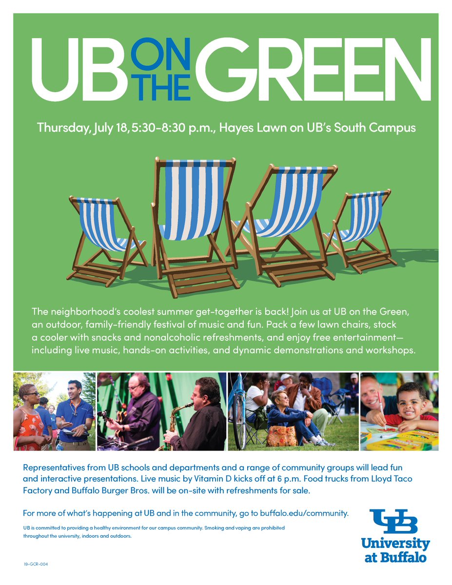 Save the Date: UB on the Green is happening on Hayes Lawn Thursday, July 18!  Featuring live music from local band Vitamin D.  #UBuffalo #UBintheCommunity  #BuffaloNY