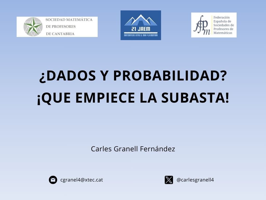 ¿Dados y probabilidad? ¡Que empiece la subasta! 🎲

📝 Comparteixo la presentació del taller que he fet a les <a href="/jaem_fespm/">22 JAEM</a> per treballar la probabilitat a partir d’una adaptació de la proposta de <a href="/NatBanting/">Nat Banting</a> a <a href="/MoMath1/">National Museum of Mathematics</a> 

🔗 Materials a ja.cat/dados

#21JAEM