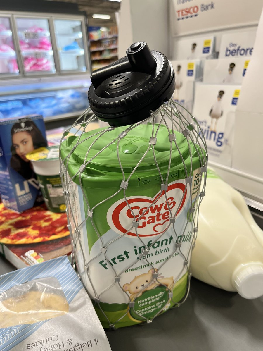 A couple behind me with a baby were buying this just now. A massive security tag and metal netting around newborn baby milk.  Seriously <a href="/Tesco/">Tesco</a> what’s actually wrong with you?
