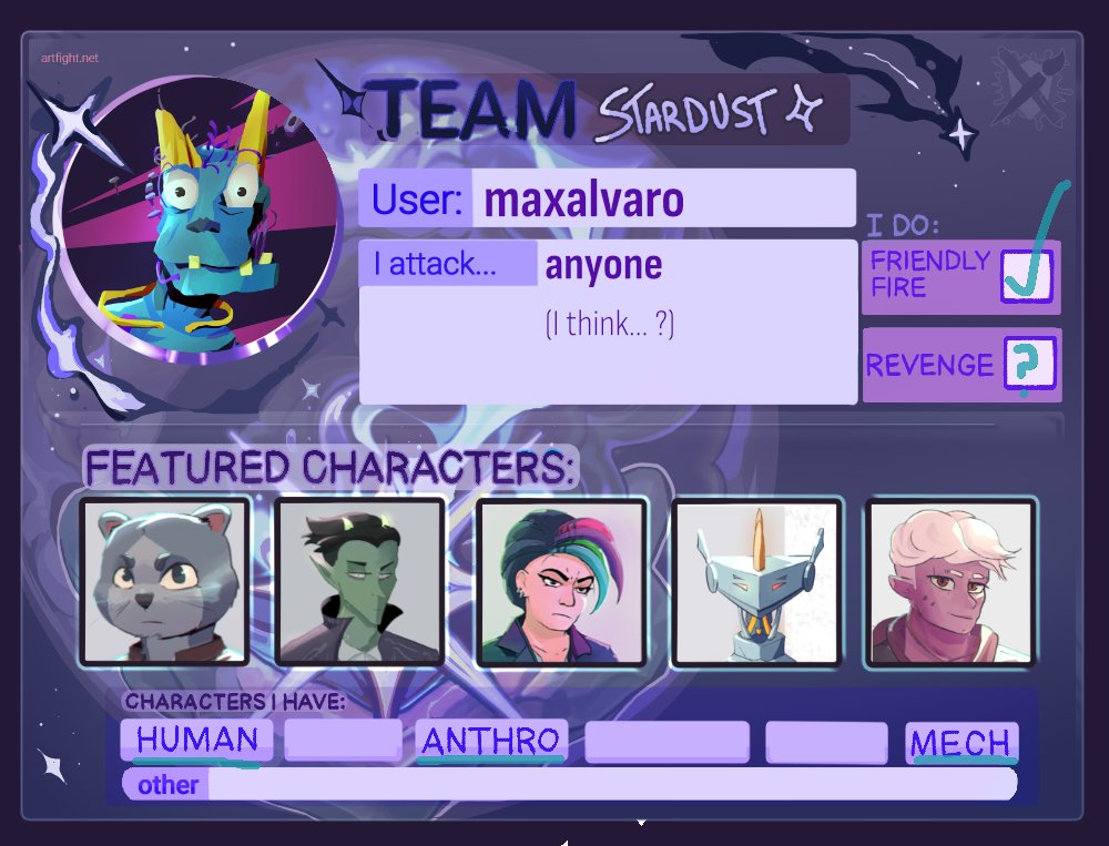 maxalvaro's tweet photo. ¡Me apunto al Art Fight de 2024! Es mi primera vez y no tengo ni idea de lo que estoy haciendo.

I'm joining Art Fight 2024 as part of #TeamStardust! ✨ https://t.co/vZqkLqxio5