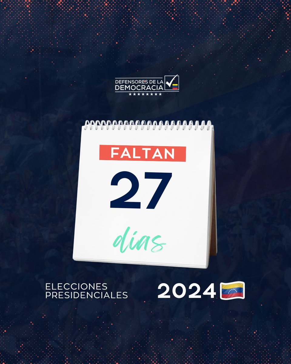 Faltan solo 27 días para las Elecciones Presidenciales 2024 🇻🇪

Seguimos comprometidos en incentivar el voto de todos los sectores democráticos del país.

#Presidenciales2024 #DefensoresdelaDemocracia #Elecciones #Democracia #Venezuela #YoSoyDemocracia #YoDefiendoLaDemocracia