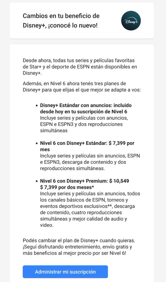 FinanzasArgy's tweet photo. 🔴Tras la fusión de Disney+ con Star+, Mercado Libre ajustó los precios del nivel 6 https://t.co/fkBMXF6stj