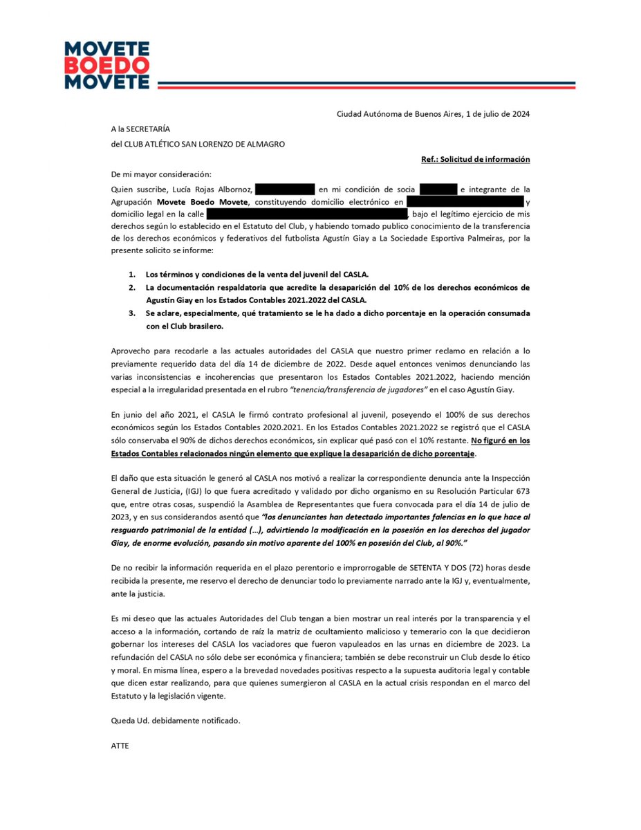 Aquí compartimos el pedido de información presentado. De no recibir la respuesta pretendida en los términos solicitados, iniciaremos las acciones legales correspondientes.

Se trata de recuperar el dinero de San Lorenzo. Y si lo recuperamos, saber quién se lo quiso llevar.

MBM