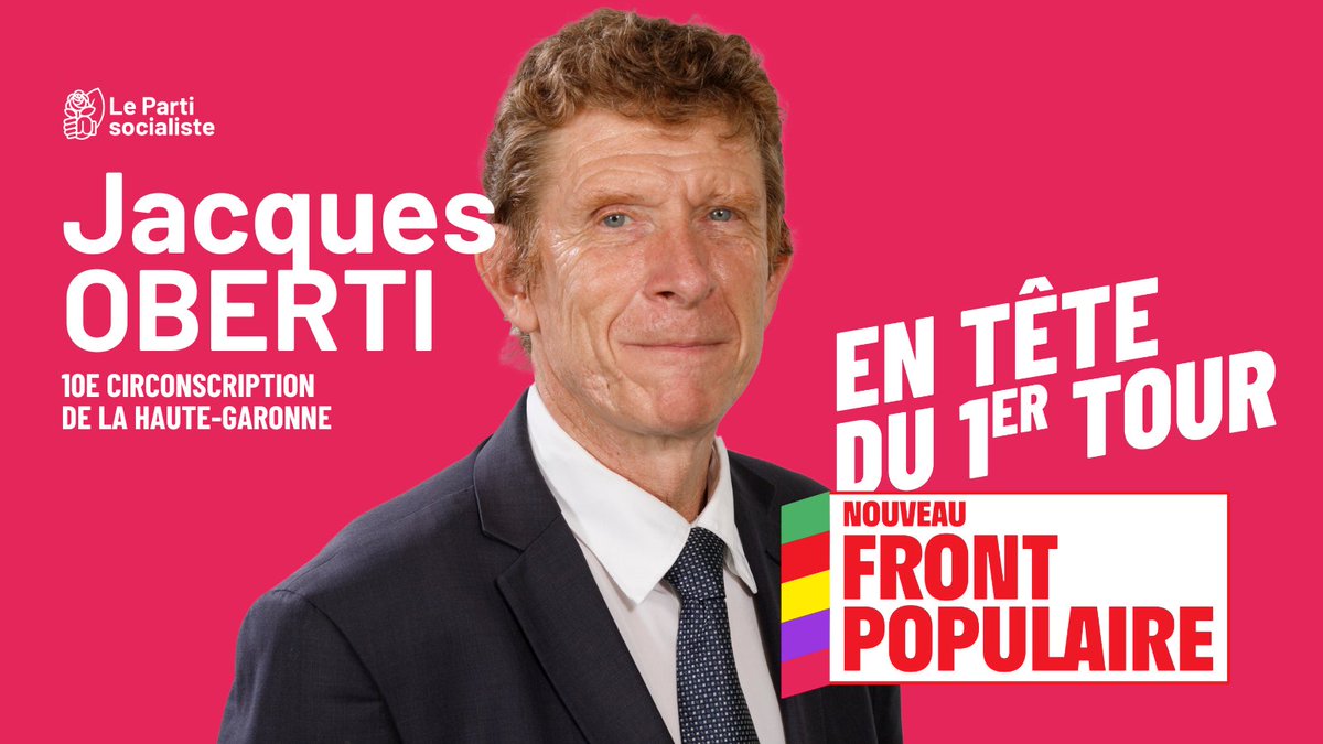 Parti socialiste (@partisocialiste) on Twitter photo 👏 Bravo à <a href="/JacquesOberti/">Jacques Oberti</a>, arrivé en tête du premier tour dans la 10ème circonscription de la Haute-Garonne !
#NouveauFrontPopulaire #ÉlectionsLégislatives2024 👏 Bravo à <a href="/JacquesOberti/">Jacques Oberti</a>, arrivé en tête du premier tour dans la 10ème circonscription de la Haute-Garonne !
#NouveauFrontPopulaire #ÉlectionsLégislatives2024