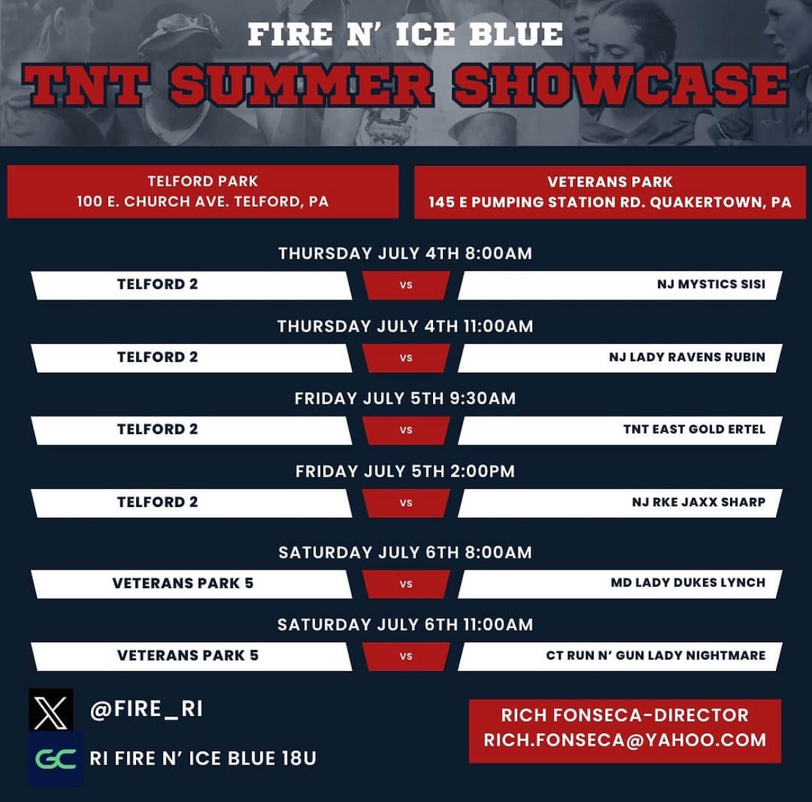 Ava DiFiore (@avadifiore2025) on Twitter photo FNI blue will be competing in the TNT showcase this weekend, here is our schedule! LETS GO!!! <a href="/fire_ri/">RI Fire Nβ Ice Softball</a> @Rich_Fonseca12 <a href="/coachjordanfitz/">Jordan Fitzpatrick</a> <a href="/CoachAli_SCSB/">Coach Ali Maloof</a> <a href="/CoachWhitSB/">Whitney Mollica Goldstein</a> <a href="/KelseyChrist221/">Coach Kelsey</a> <a href="/biankabell27/">Bianka Bell</a> <a href="/CoachLouAMC_SB/">Lou Bunosso</a> <a href="/bridgetorchard/">Bridget Orchard</a> FNI blue will be competing in the TNT showcase this weekend, here is our schedule! LETS GO!!! <a href="/fire_ri/">RI Fire Nβ Ice Softball</a> @Rich_Fonseca12 <a href="/coachjordanfitz/">Jordan Fitzpatrick</a> <a href="/CoachAli_SCSB/">Coach Ali Maloof</a> <a href="/CoachWhitSB/">Whitney Mollica Goldstein</a> <a href="/KelseyChrist221/">Coach Kelsey</a> <a href="/biankabell27/">Bianka Bell</a> <a href="/CoachLouAMC_SB/">Lou Bunosso</a> <a href="/bridgetorchard/">Bridget Orchard</a>