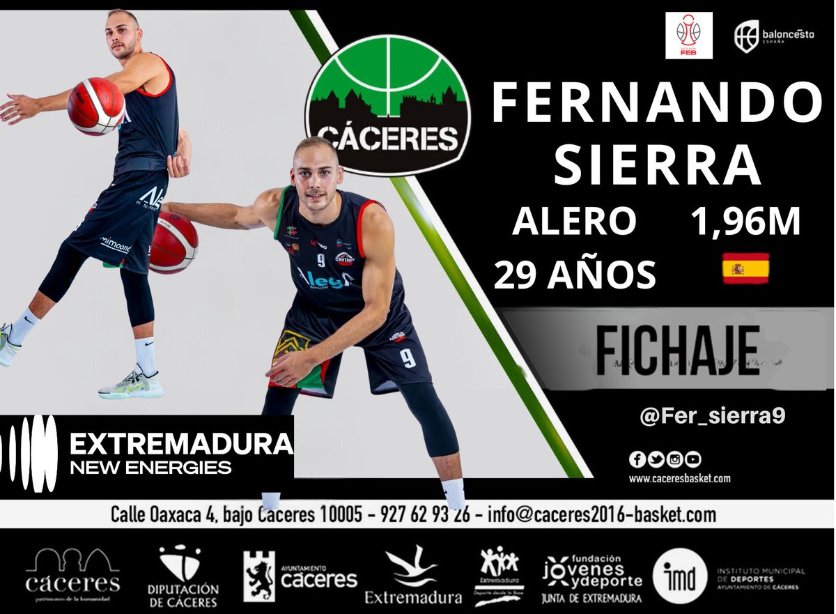🚨 Mercado #SegundaFEB: Fernando Sierra (<a href="/Fer_sierra9/">Fernando Sierra Gala</a>) será jugador del <a href="/Caceres_Basket/">CacerEsBasket</a> 

▶ Llega al Multiusos tras cuatro temporadas en el <a href="/GrupoAlegaCant/">Grupo Alega Cantabria</a>  

🗓️ 1995 | 📏 1,96 m.
⛹️‍♂️ Alero | 🌍 Español

📝 Más información ⬇️
feb.es/2024/7/1/balon…