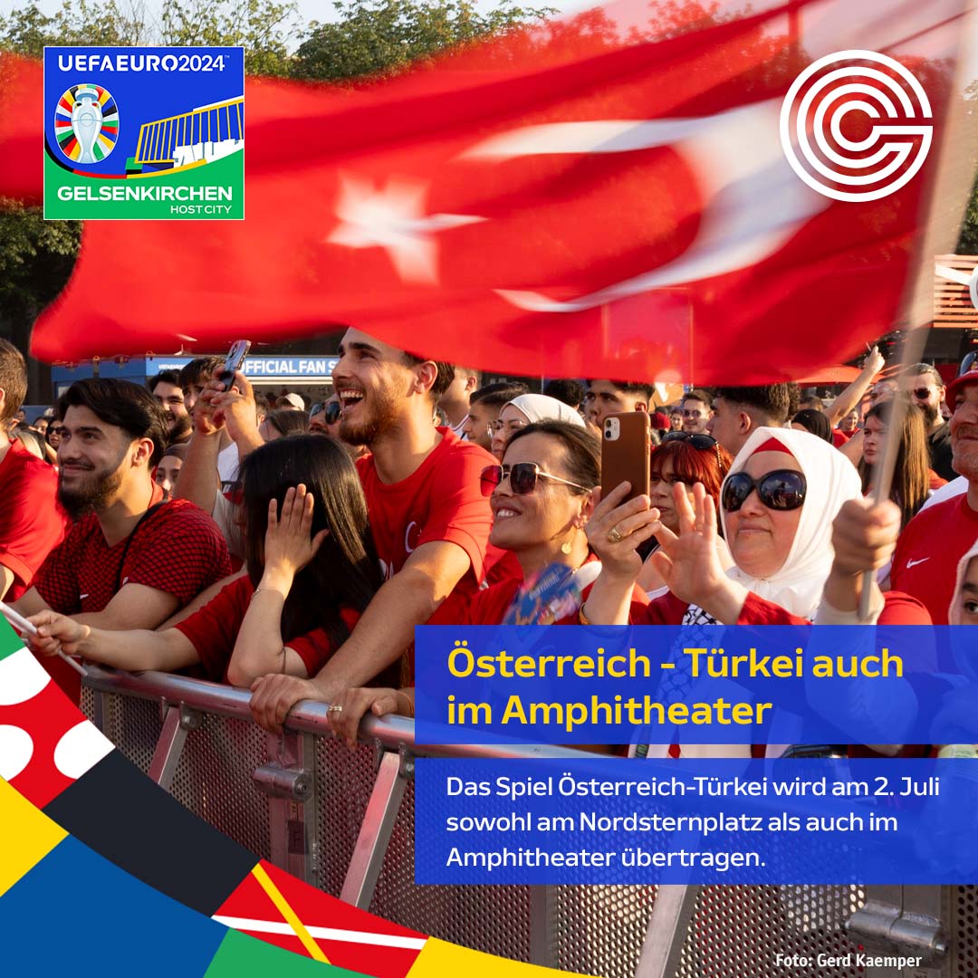 ⚽️Fußball-Fans aufgepasst: Das Spiel Österreich-Türkei am 2. Juli um 21 Uhr wird sowohl am Nordsternplatz als auch im Amphitheater übertragen 🇦🇹🇹🇷 
Die Fan Zone öffnet um 16 Uhr, das Amphitheater um 19 Uhr. Das Spiel Rumänien-Niederlande um 18 Uhr seht ihr am Nordsternplatz 🇷🇴🇳🇱