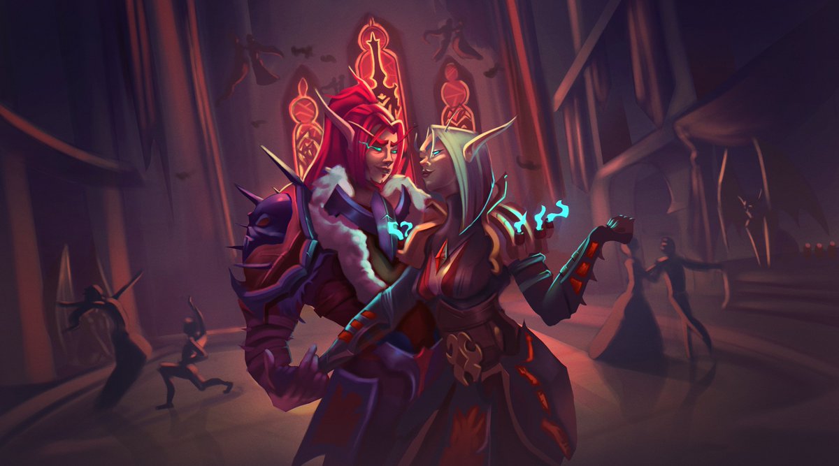 CorvoLunar's tweet photo. Commission de World of Warcraft de dois elfos sangrentos dançando em meio a batalha do conselho, Castelo de Nathria. 

Foi bem prazeroso fazer mais uma arte neste universo do WoW.

#Warcraft #Revendreth #BloodElf #Belf #Worldofwarcraft https://t.co/80INndqqJe
