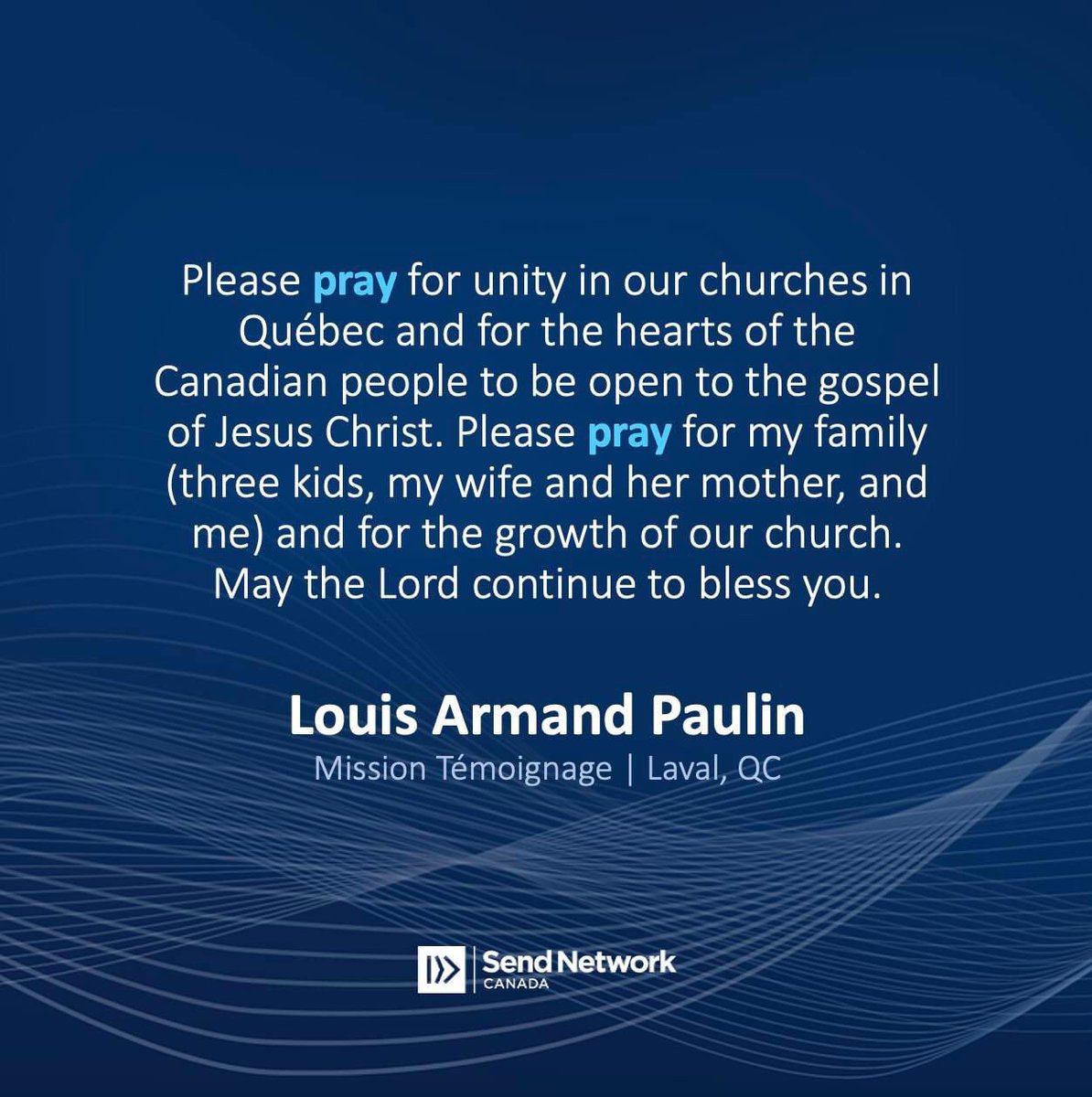 Please join us in praying for this request from Louis Armand Paulin and Mission Témoignage (Laval, QC), shared June 26, 2024 at namb.net/pray/connect

#SendMontreal #CNBCQuebec <a href="/sendmontreal/">Send Montreal</a>