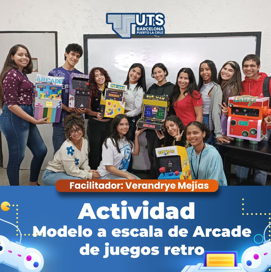 UTSBarcelona's tweet photo. Estudiantes  de Diseño Gráfico presentaron su diseño a escala con la temática de  videojuegos de Arcade, desplegando su creatividad e ingenio.  La  actividad estuvo dirigida por la Prof. Verandrye Mejías quien guió a los  estudiantes sobre la imágen de cada uno de sus productos. https://t.co/3wXyJHNKGB