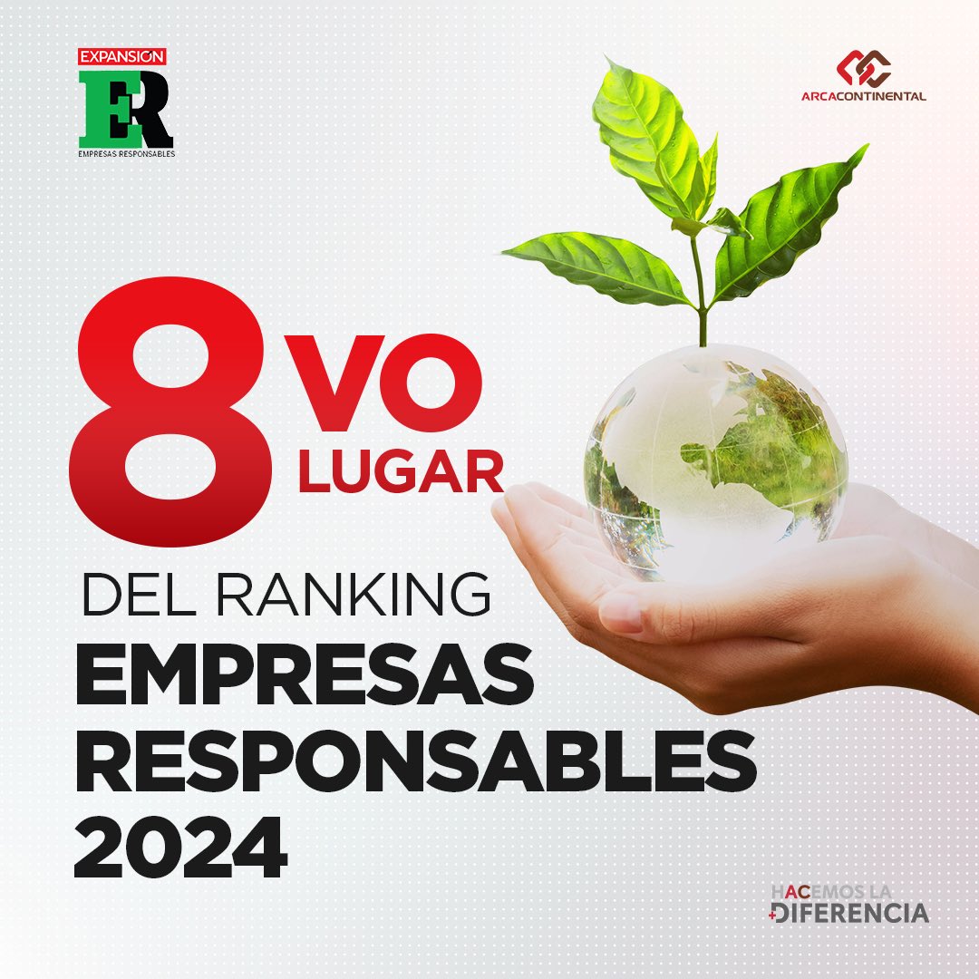 Arca Continental (@arcacontal) on Twitter photo Estamos en el octavo lugar🏅 del ranking "Empresas Responsables 2024" de <a href="/ExpansionMx/">Expansión</a>. Reafirmamos nuestro liderazgo con un modelo sostenible que haga la #DiferenciaPositiva.♻️🌎 
Descubre más: expansion.mx/revista-digita… Estamos en el octavo lugar🏅 del ranking "Empresas Responsables 2024" de <a href="/ExpansionMx/">Expansión</a>. Reafirmamos nuestro liderazgo con un modelo sostenible que haga la #DiferenciaPositiva.♻️🌎 
Descubre más: expansion.mx/revista-digita…