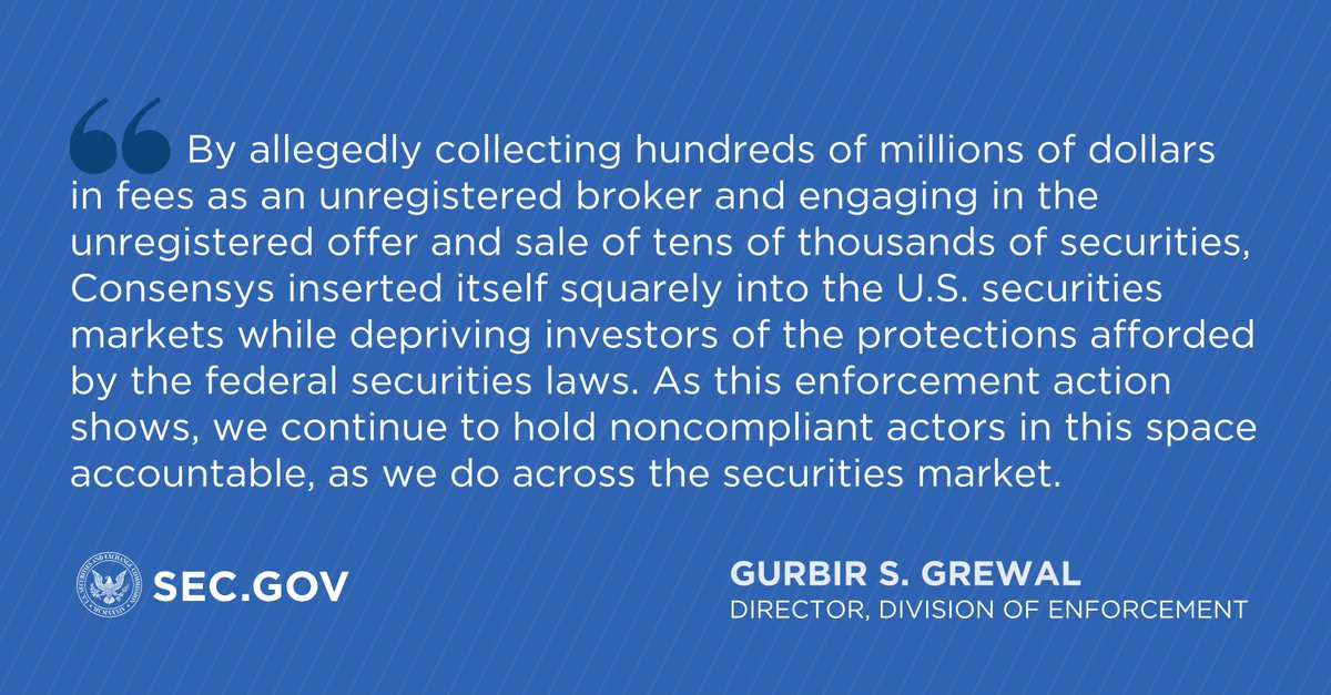 We charged Consensys Software with engaging in the unregistered offer and sale of securities through MetaMask Staking and with operating as an unregistered broker. sec.gov/newsroom/press…
