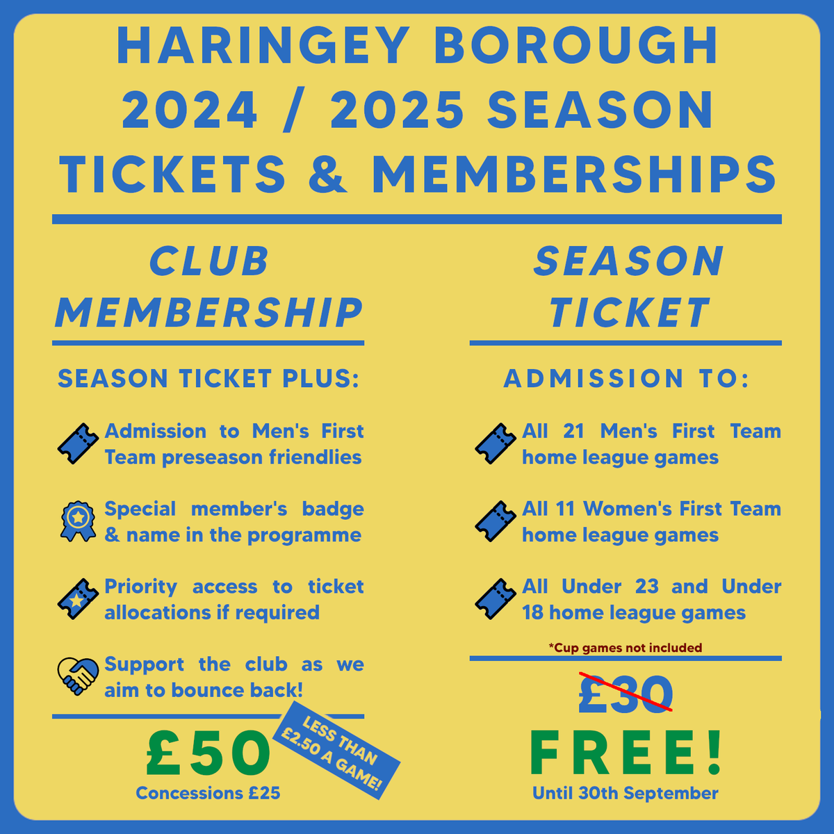 Haringey Borough (@haringeyborofc) on Twitter photo πππΎπππ ππππ
ποΈ We are delighted to renew our ππ₯ππ season ticket offer for the π΅π§π season in a row! Get yours before 30th September!
β We also have club memberships for Β£50 - less than Β£2.50 a game!
Come and join us! π
haringeyboroughfc.net
#WeAreHaringey πππΎπππ ππππ
ποΈ We are delighted to renew our ππ₯ππ season ticket offer for the π΅π§π season in a row! Get yours before 30th September!
β We also have club memberships for Β£50 - less than Β£2.50 a game!
Come and join us! π
haringeyboroughfc.net
#WeAreHaringey
