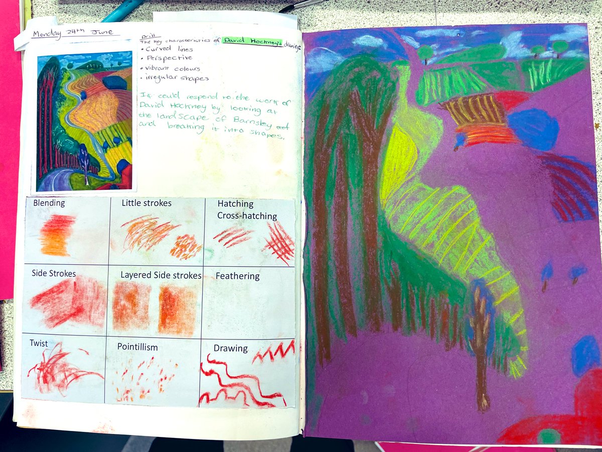 DartonCreative's tweet photo. What about these #Hockney chalk pastels studies from Y9 to brighten up your feed. #colour https://t.co/w2nOpGRG6E