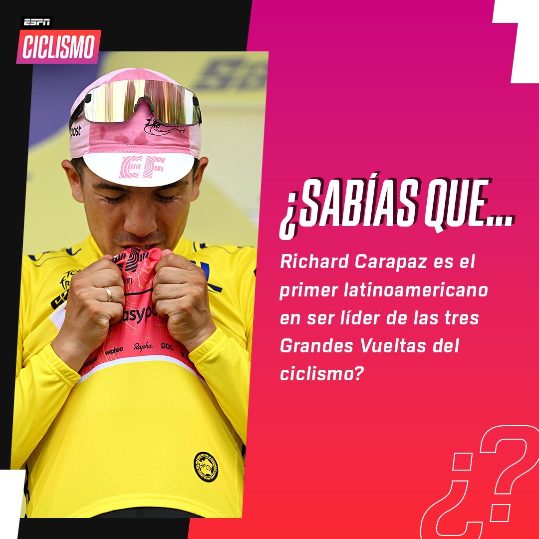 ESPNCiclismo's tweet photo. Tan solo faltaba la amarilla 🙏🏽

🩷 2019 y 2022 #GiroDeItalia
❤️ 2020 #LaVuelta
💛 2024 #TDF https://t.co/B9ZdtMJyQa