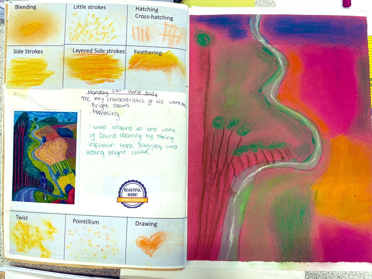 DartonCreative's tweet photo. What about these #Hockney chalk pastels studies from Y9 to brighten up your feed. #colour https://t.co/w2nOpGRG6E