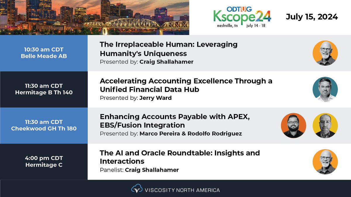 ViscosityNA's tweet photo. Day 2 @odtug #Kscope24 lineup: 
🕥The Irreplaceable Human | #ACED Craig Shallahamer
🕦Accounting Excellence with Fin #Data Hub @oraclecoffee
🕦#orclAPEX EBS/Fusion | @markuspg &amp; @rrd71
🕓"The #AI &amp; Oracle Roundtable: Insights &amp; Interactions."

https://t.co/pcOdoBiaSc
#VNA #OraPub https://t.co/f5aSbH7fi5